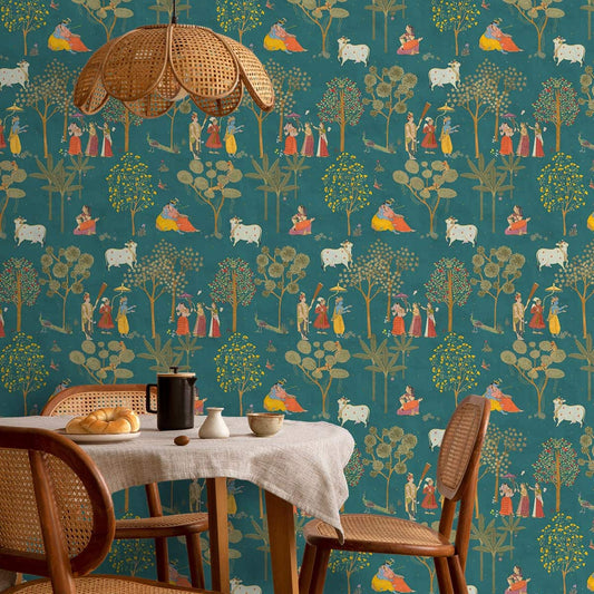 Sangam: Radha Krishna's Serene Moments - A Teal Wallpaper That Transforms Your Space