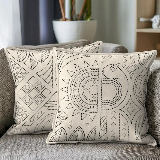 Kantha Stitch Style Cushion Cover, Set of 2 Ivory