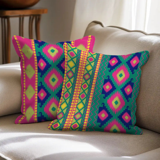Bandhan Cushion Cover, Indian Ikat Pattern, Set of 2 Fuschia Pink & Royal Blue