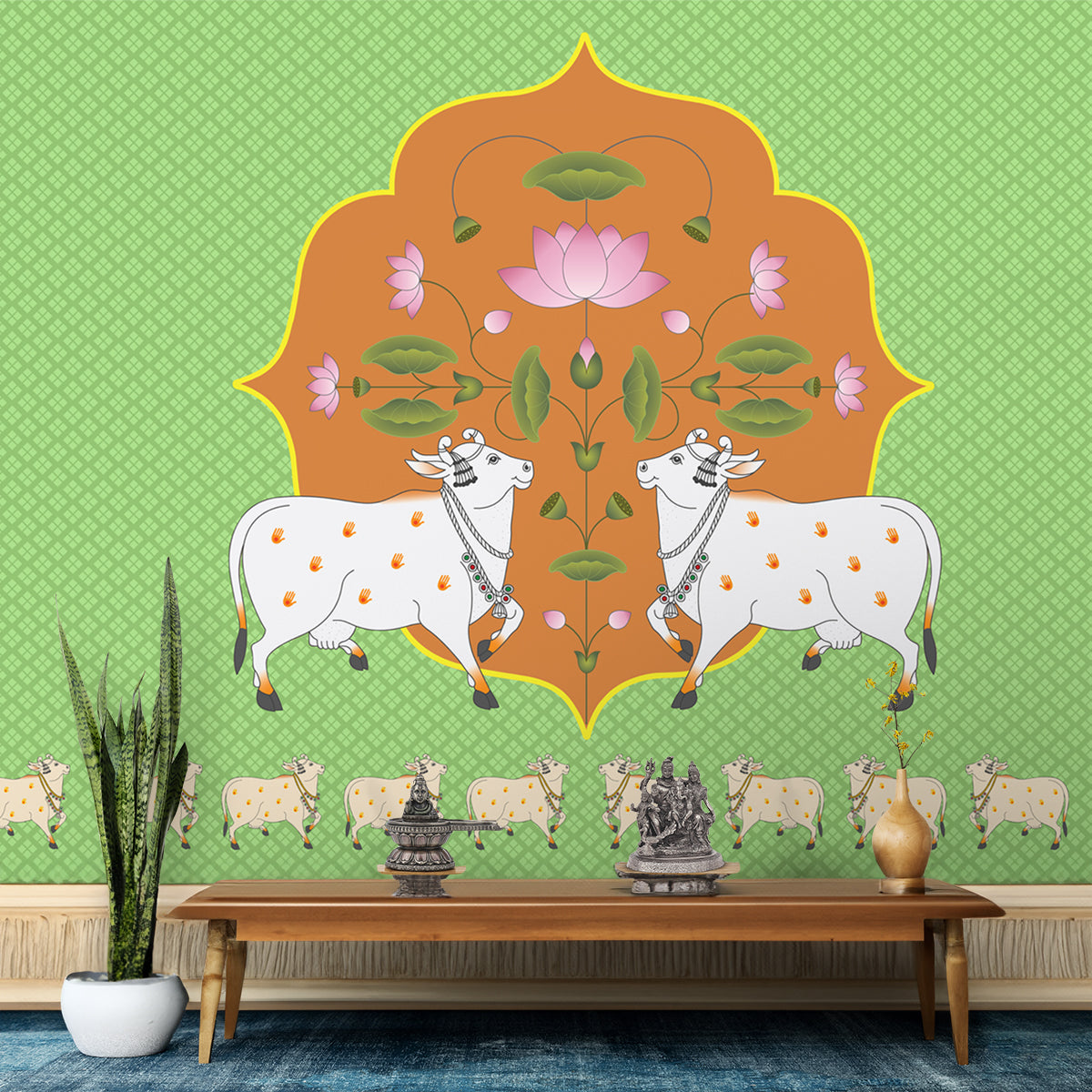 Vibrant Cow Pichwai: Spiritual Pooja Room Wallpaper, Green