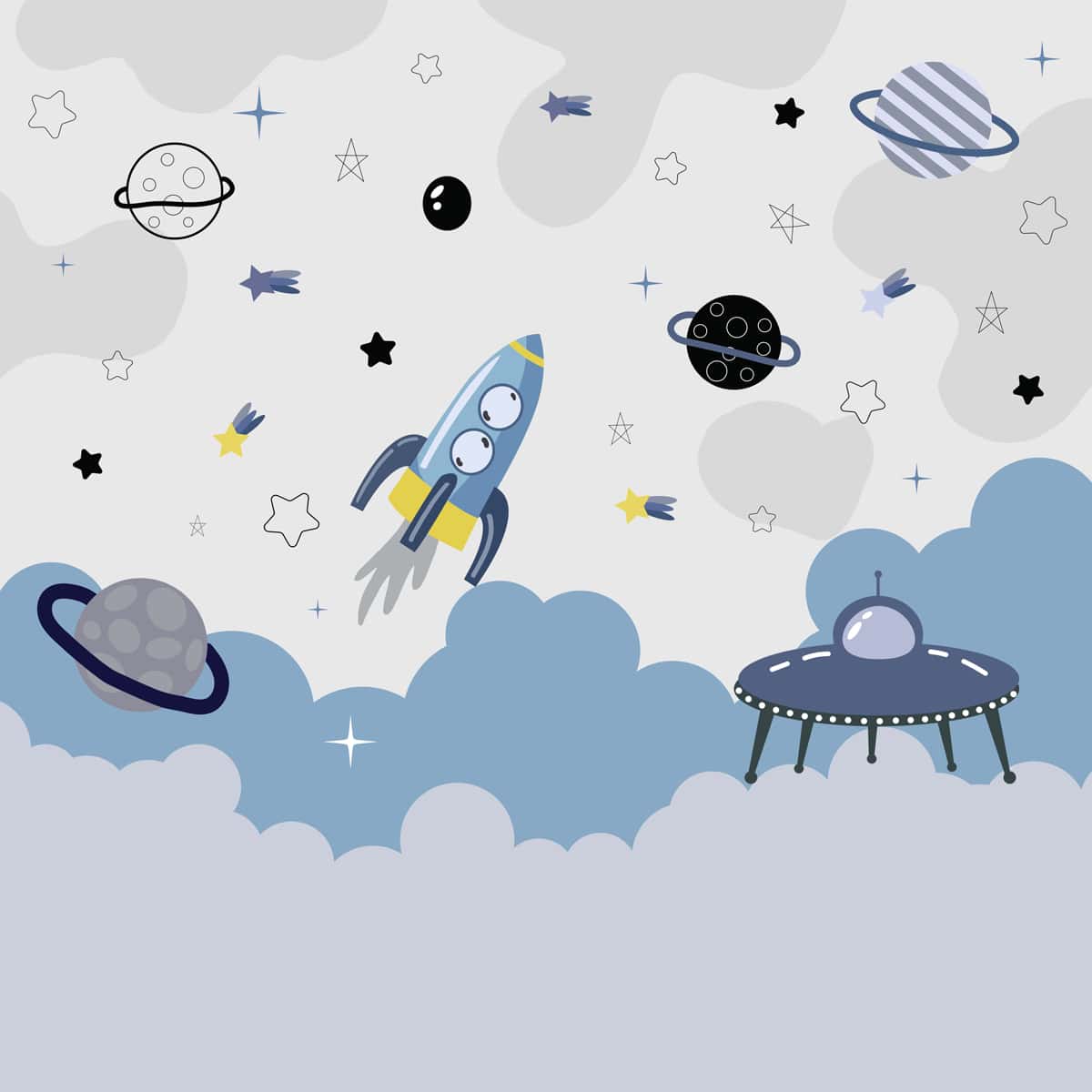 Blue and Grey Space Theme Children Wallpaper, Customized