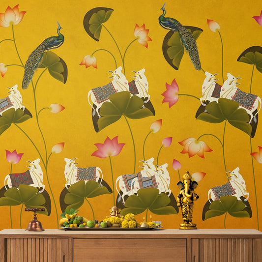 Pichwai Floral Cow Painting Inspired Yellow Wallpaper for Walls