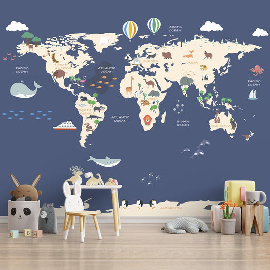 Blue World Map for Boys Room Walls