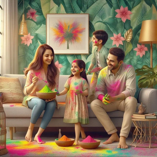 Family celebrating Holi with Life n Colors wallpaper in the background.