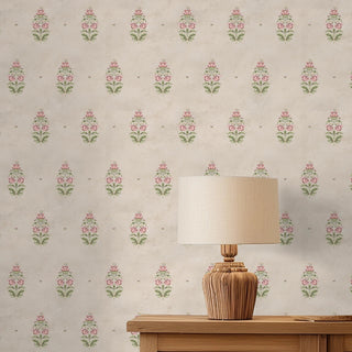 Indian botanical wallpaper in beige with a small repeating floral buti pattern across a wall