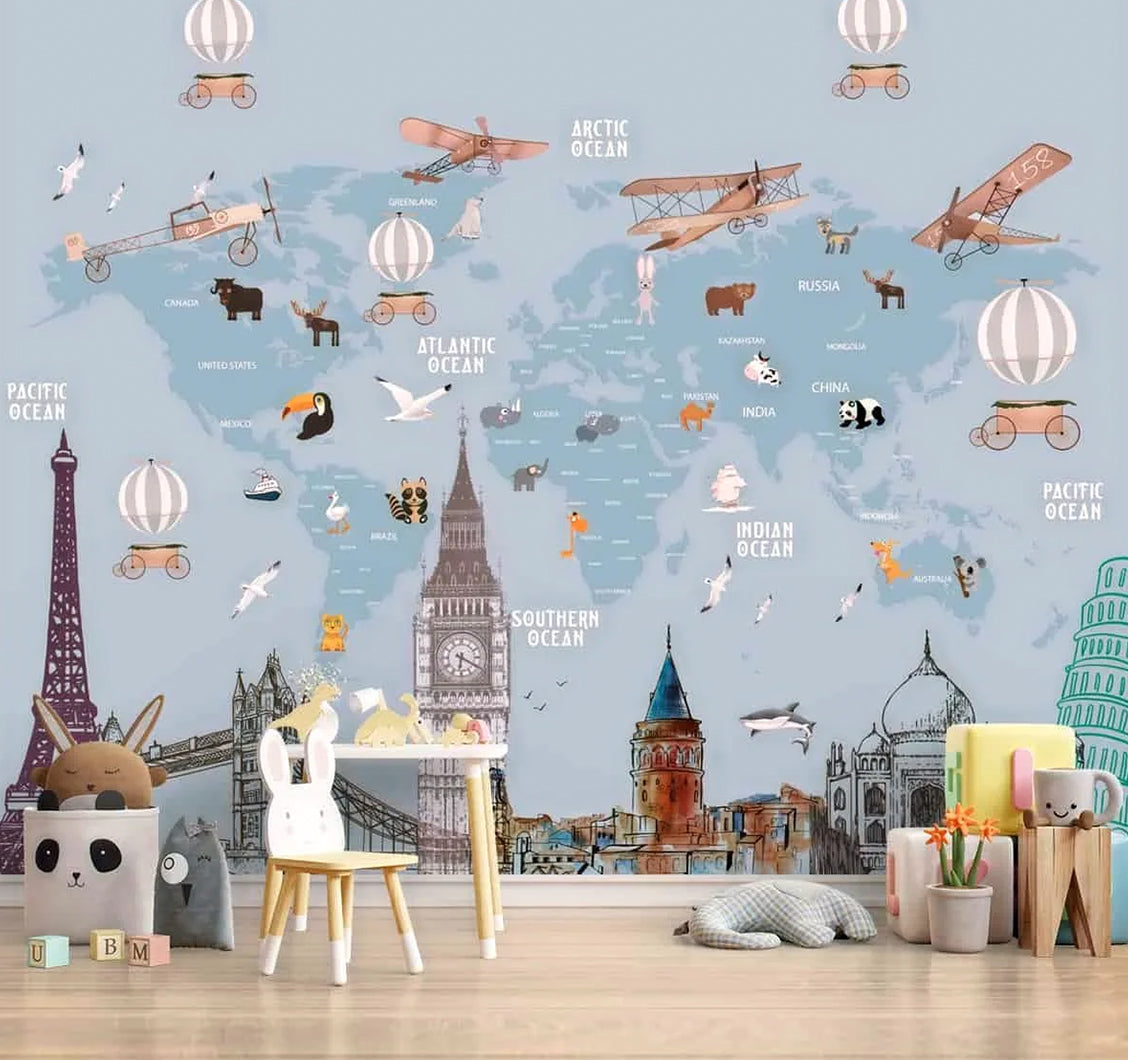 Explore the World: Large World Map Wallpapers for Kids' Rooms