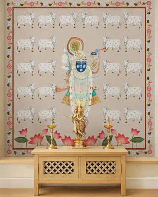 Pichwai Theme Wallpapers for Room: Bring the traditional Indian art of Pichwai murals into your home with Life n Colors. These wallpapers depict scenes from Lord Krishna's life, adding elegance and spirituality to living rooms, temples, or foyers.