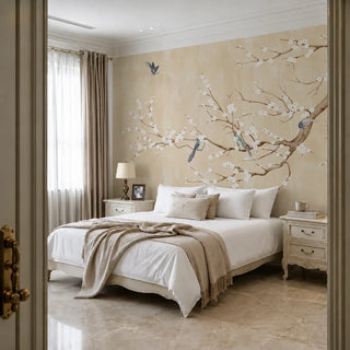 Cream chinoiserie blossom wallpaper behind a bed in a calm master bedroom
