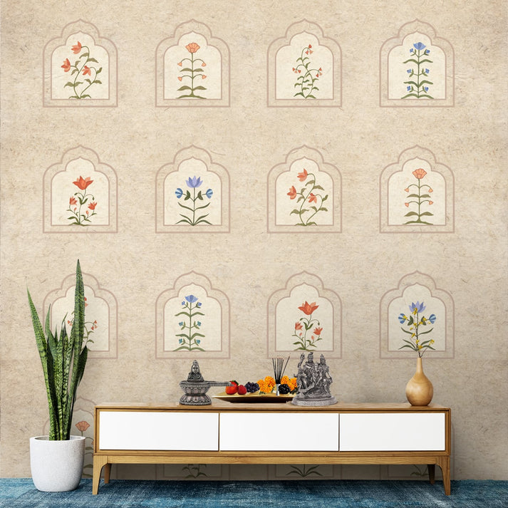 Floral Radiance Framed Jharokha Wallpaper for Rooms lifencolors