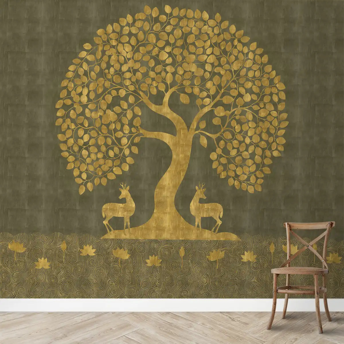 Buy Tree of Life Wallpaper in style of Pichwai Art Form Customised for Rooms Green, golden