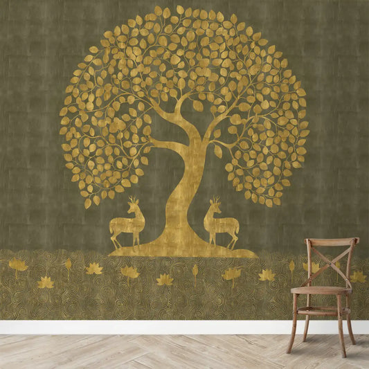 Buy Tree of Life Wallpaper in style of Pichwai Art Form Customised for Rooms Green, golden