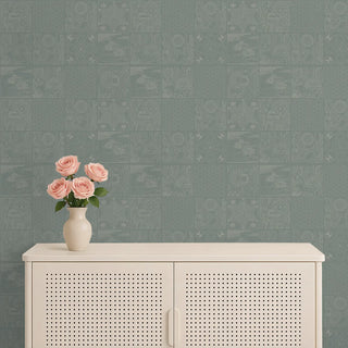 Kantha Indian Wallpaper Roll in Muted Teal Color Living Area