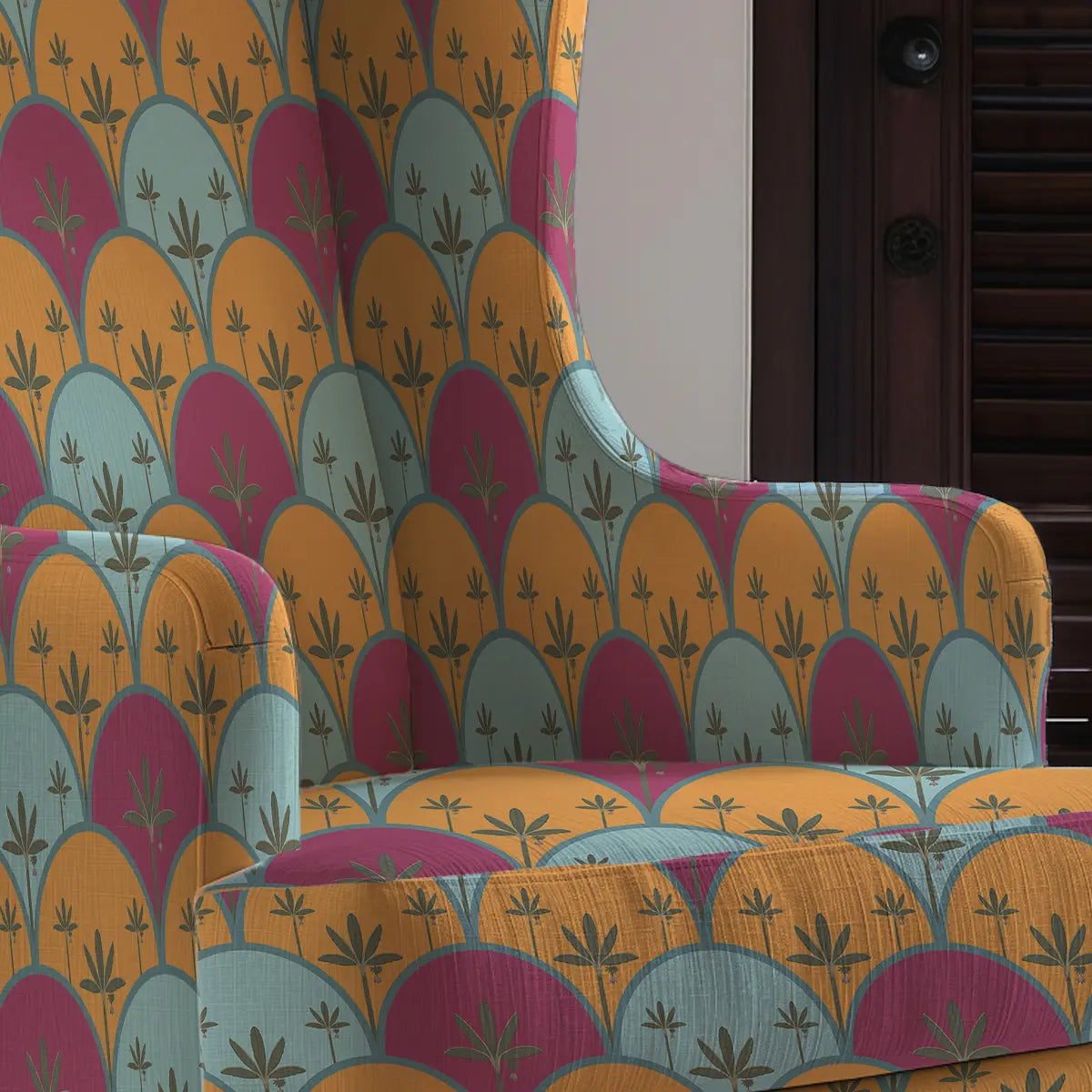 Kanan Indian Sofa and Chairs upholstery Fabric Pink & Yellow Half circle, geometric