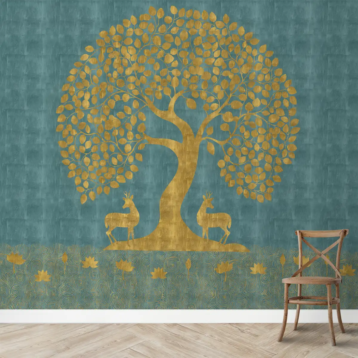 Tree of Life Wallpaper in style of Pichwai Art Form Customised for Rooms Blue