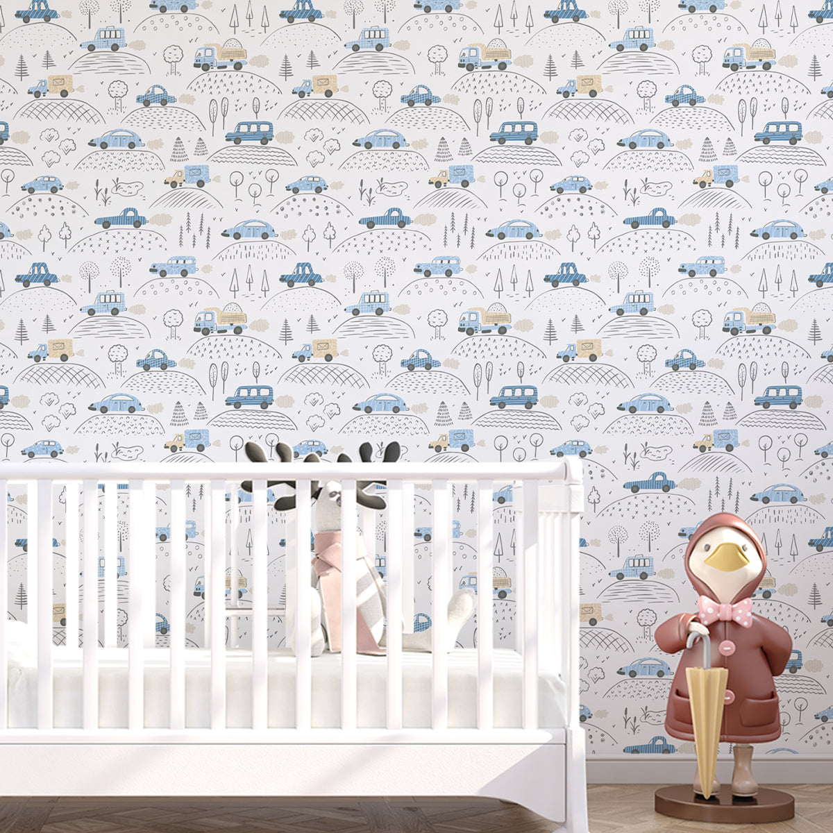 Highway to the Peaks: Cars Repeat Wallpaper Design for Kids, Off White