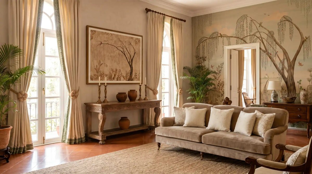 A living room with a willow scenic mural behind a linen sofa, a carved console and green-bordered curtains