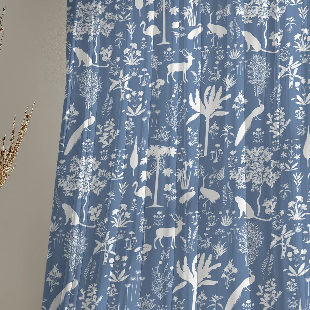 Flora n Fauna Jungle Pattern Curtain Fabric Blue & White tropical, jungle, animals