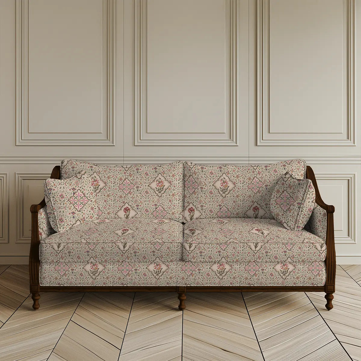 Virasat Floral Pattern for Sofa and Chair Upholstery Fabric in Beige Buti pattern