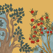 Verdant Valley Wallpaper Designed for Rooms, Deep Yellow pomegranate tree, mountains, plants By Life n Colors