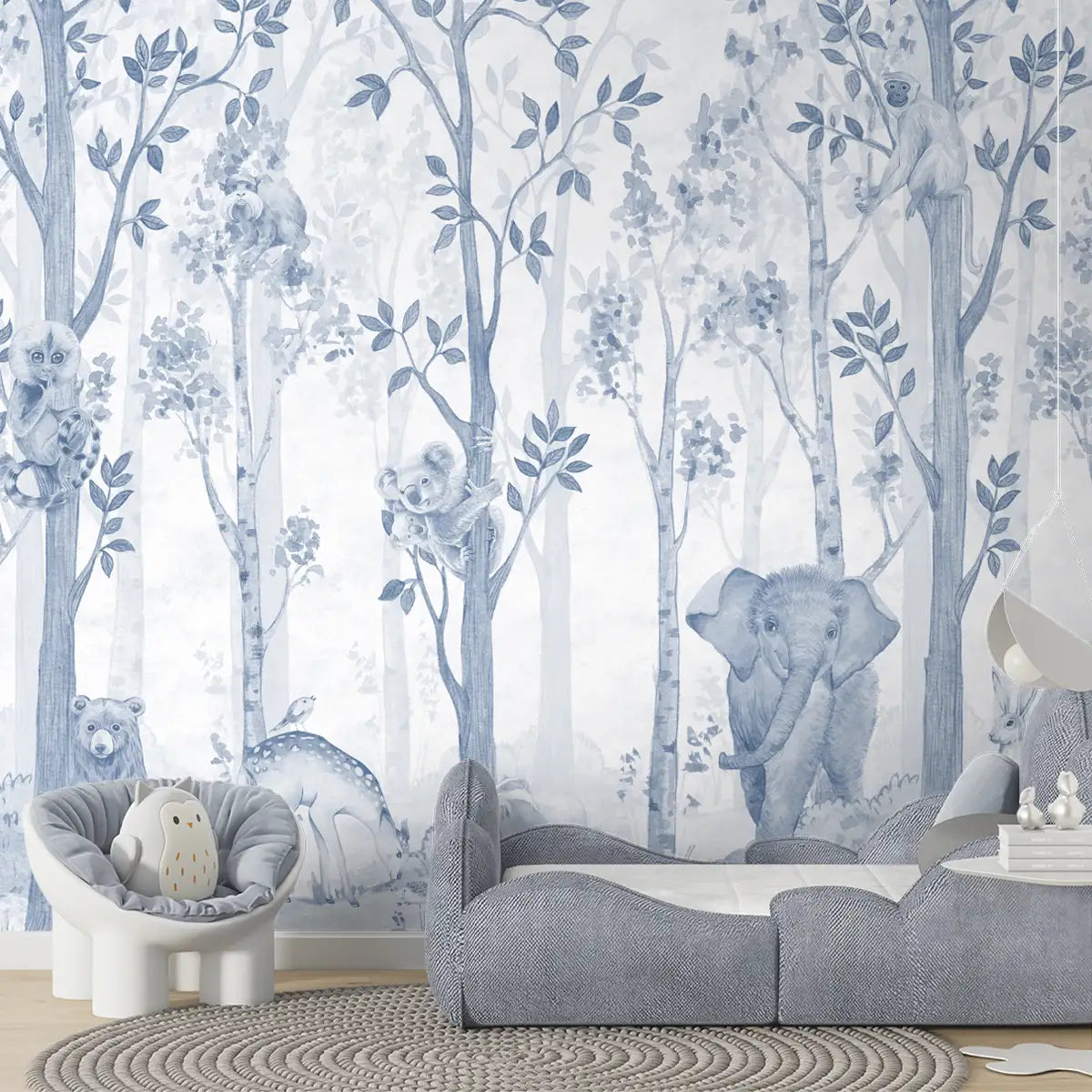 Jungle Tales, Nursery Room Wallpaper, Customised Blue Color