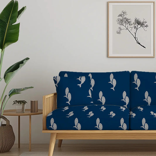 Buy Meen Sofa and Chair Upholstery Fabric in Blue, Fish pichwai pattern