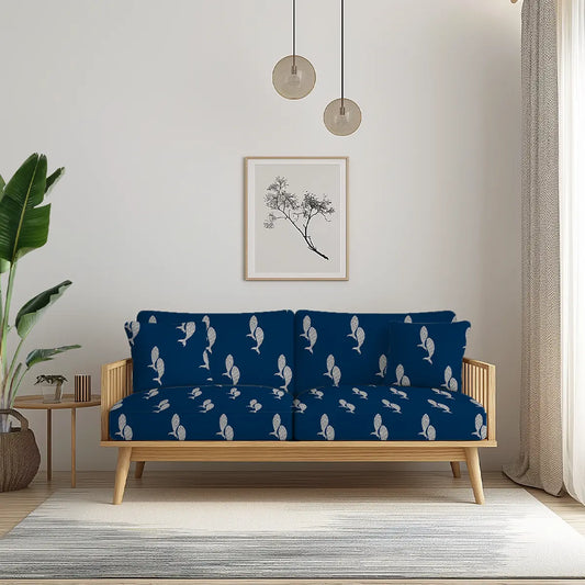 Meen Sofa and Chair Upholstery Fabric in Blue, fish pattern in pichwai, buy now