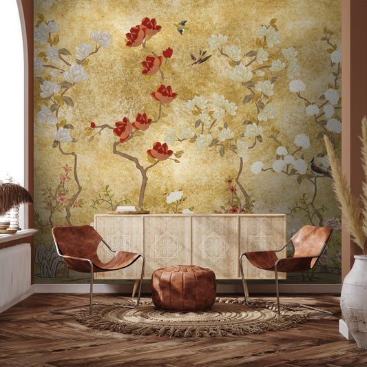 Japanese Garden Wallpaper for Luxury Homes in gold