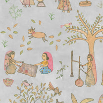 Mithila, Sujani Art Wallpaper, Grey