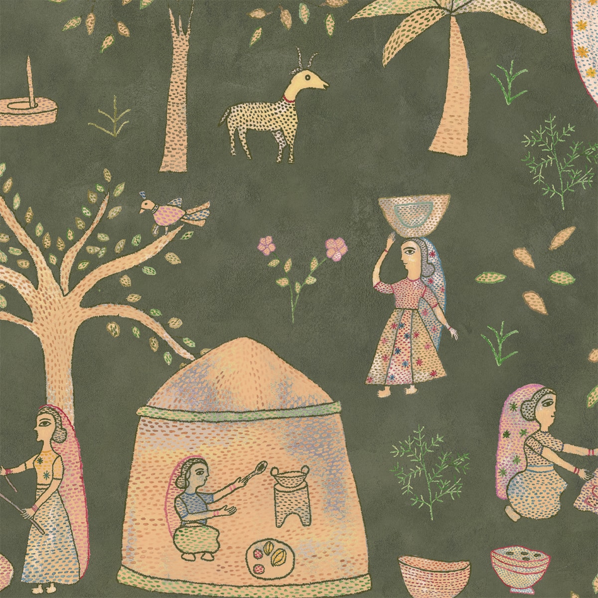Mithila, Sujani Art Wallpaper, Deep Green