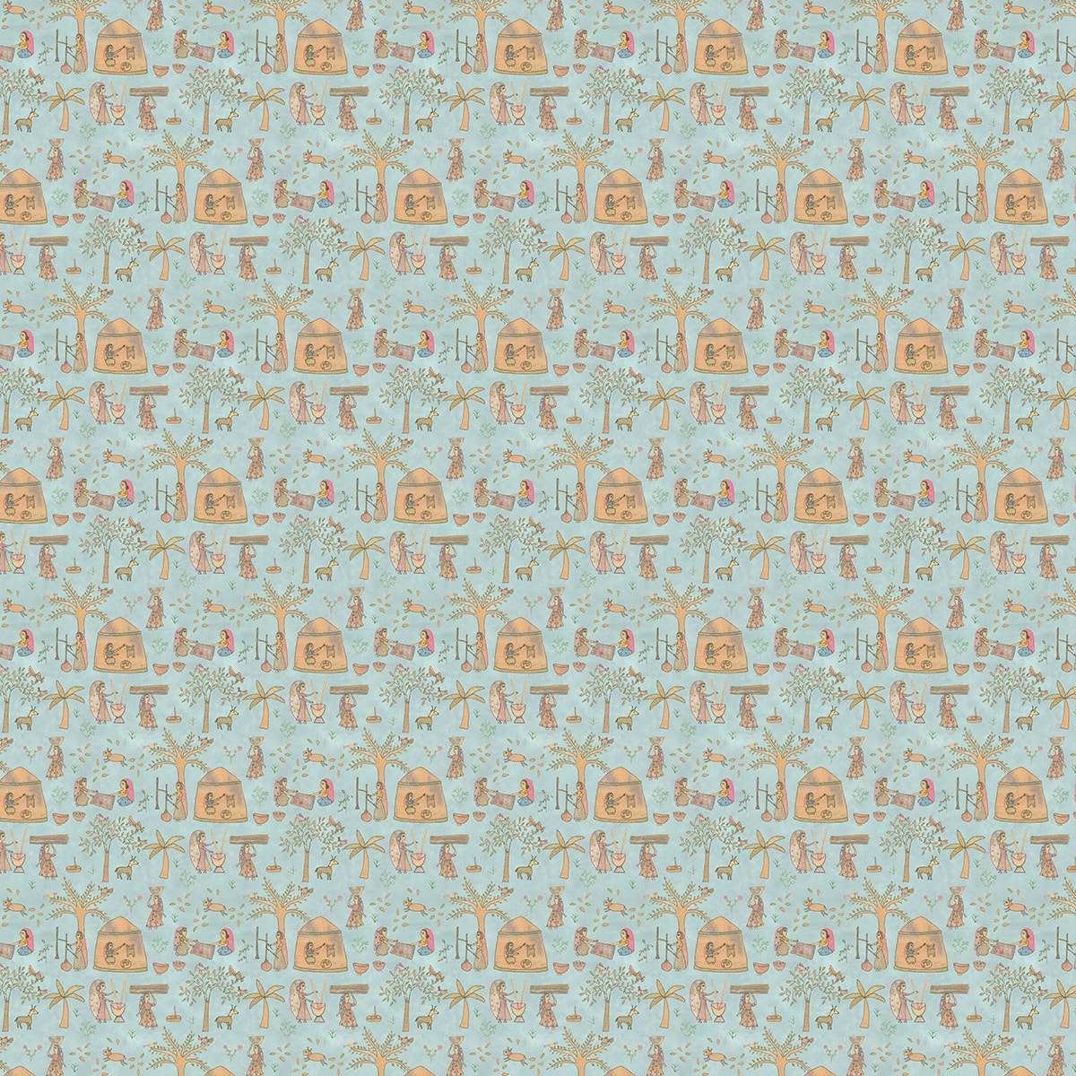 Mithila Indian Sujani Art Wallpaper Teal Blue, Best Life n Colors Wallpaper for Walls