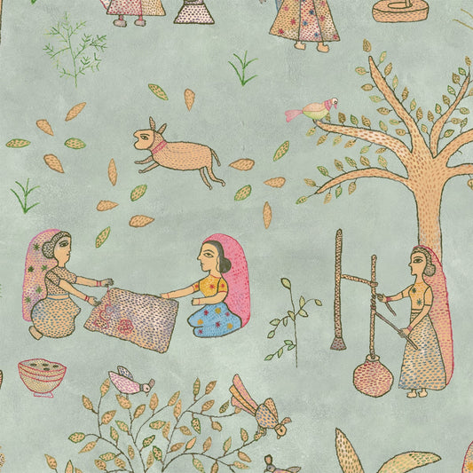 Mithila, Sujani Art Wallpaper, Sage, Closeup
