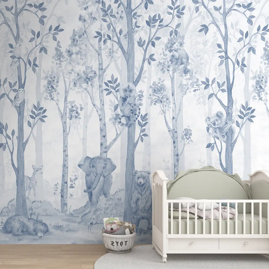 Jungle Tales, Nursery Room Wallpaper, Customised Blue Color