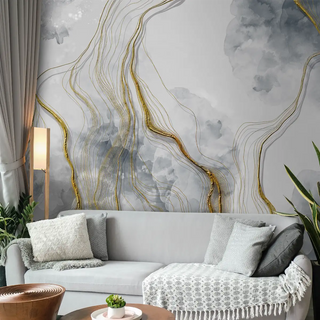 3D Look Gray Marble Wallpaper with Gold Color Lines Panels 
