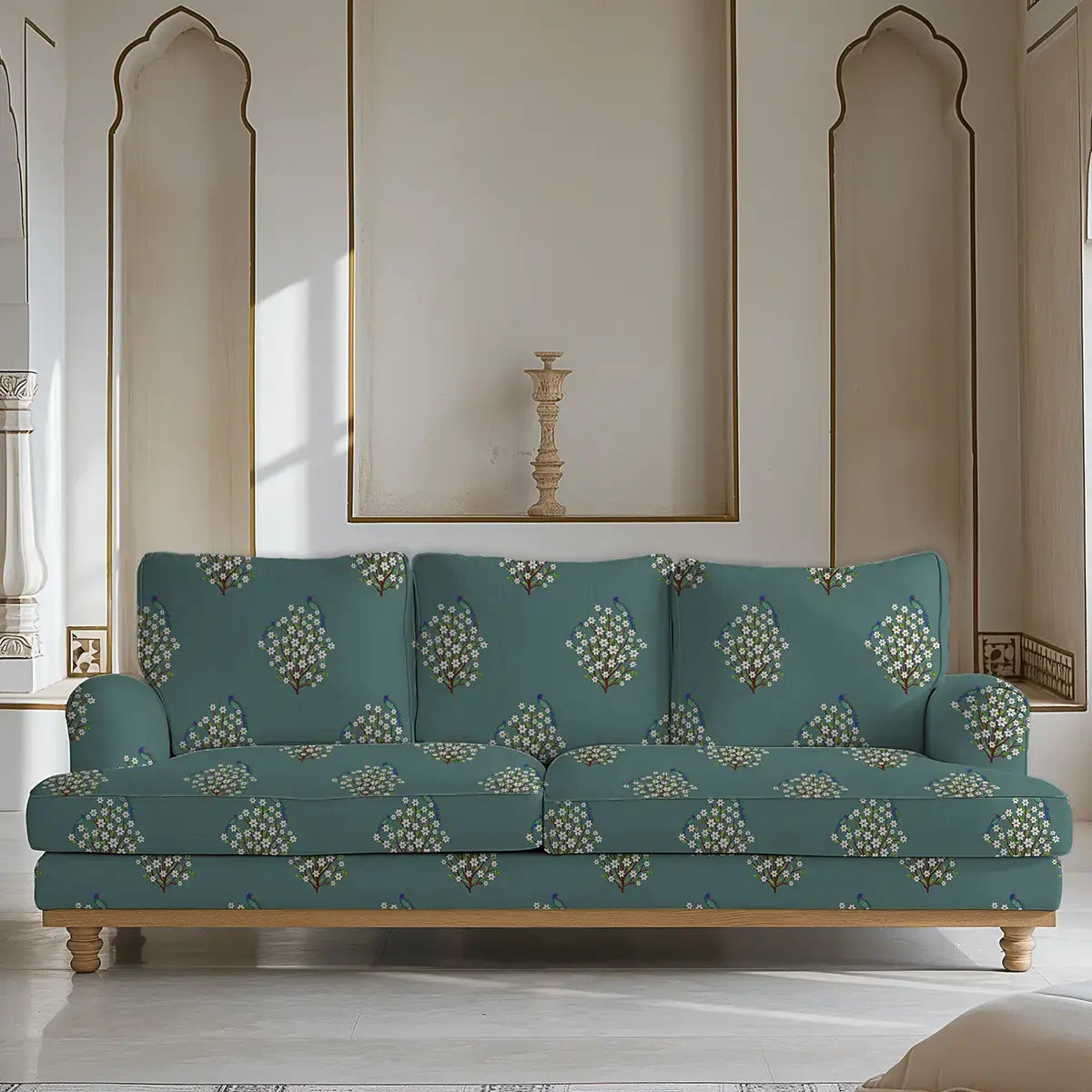 Mithoo Floral Buti Sofa and Chairs Upholstery Linen Fabric Teal By Now 