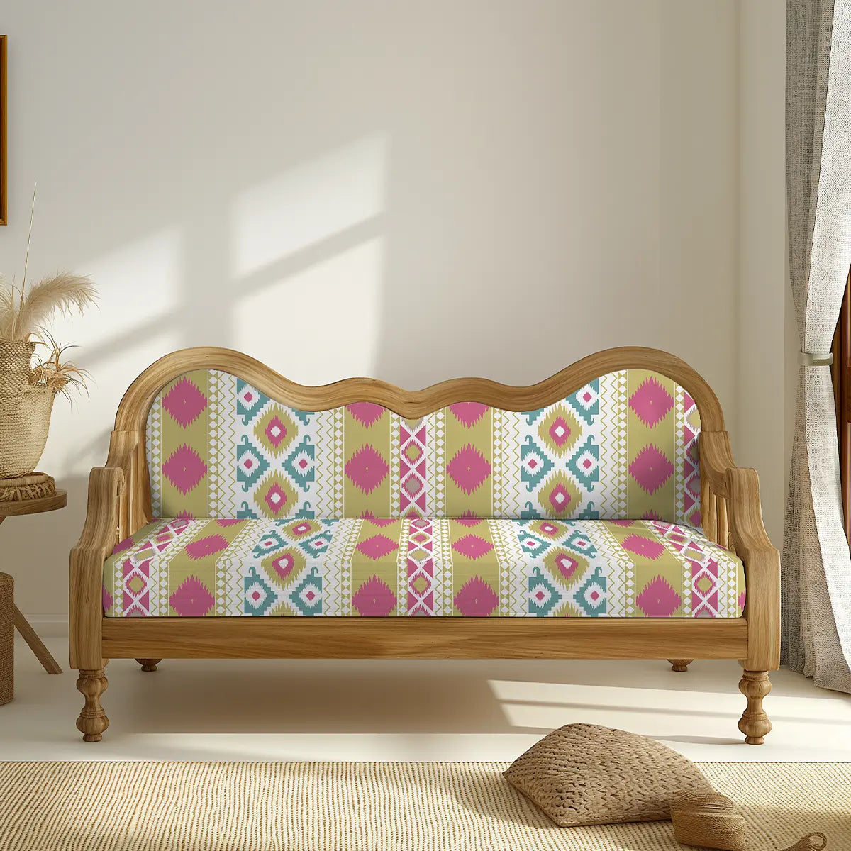 Rang Geometric Pattern Sofa and chair upholstery Fabric fuchsia pink & Green Shope now 