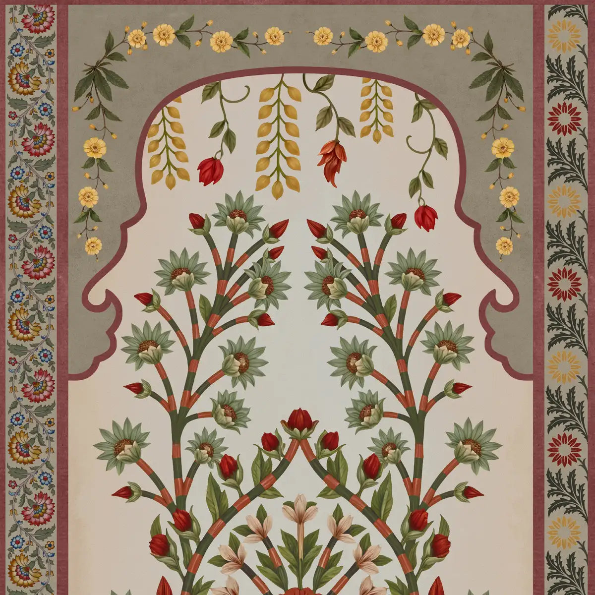 Madhuban Indian Floral Jharoka Wallpaper in Suneherii Collection in Vintage Green