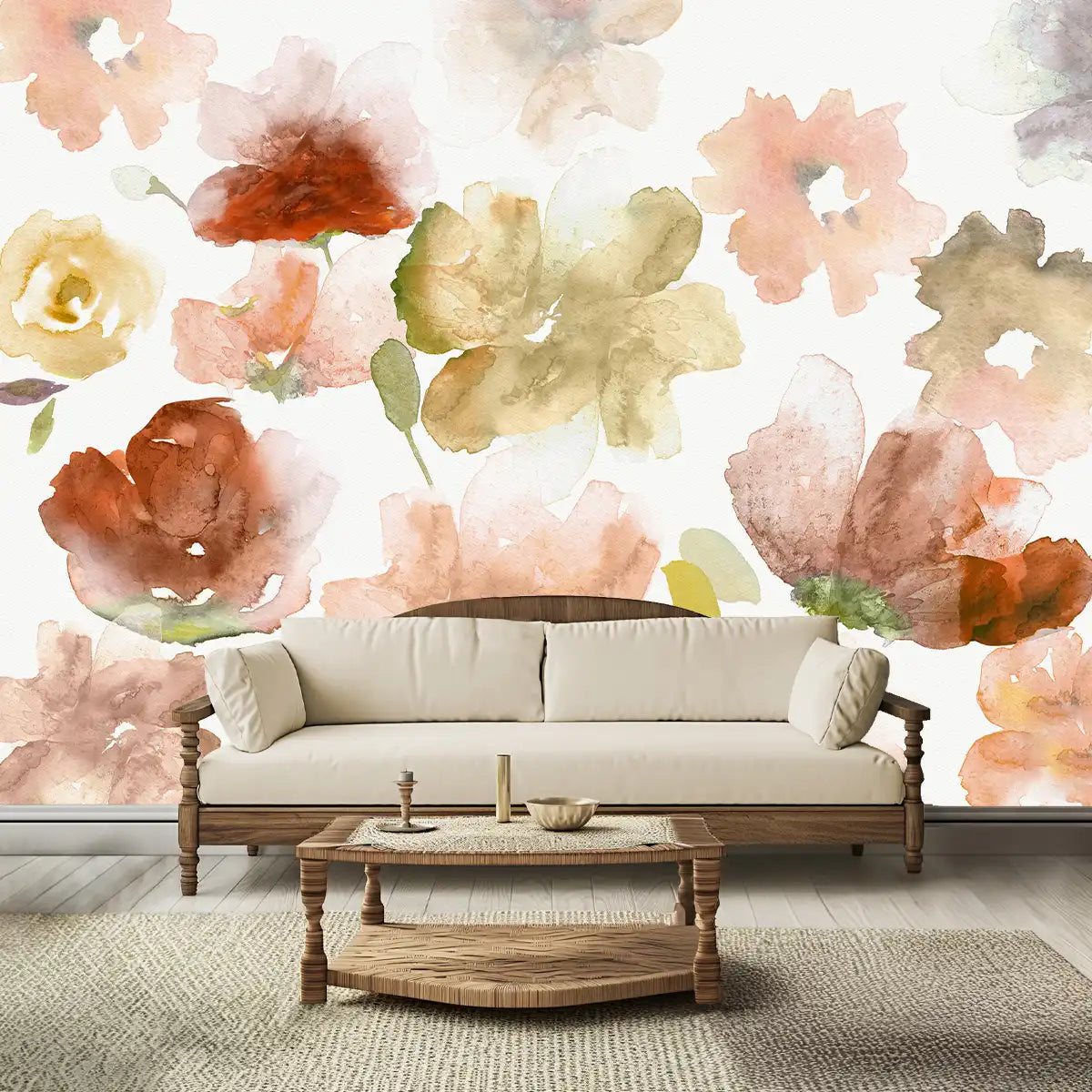 Big Flowers in Water Color Painted Style Wallpaper Customised Rust Color buy now