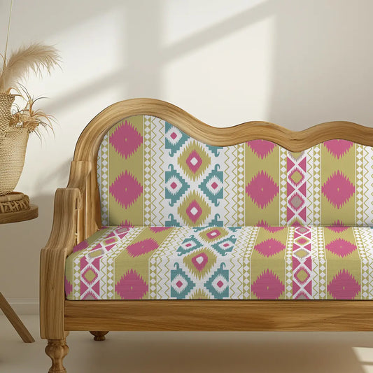 Bandhan Indian Ikkat Pattern Sofa and chair upholstery Fabric pink & Green