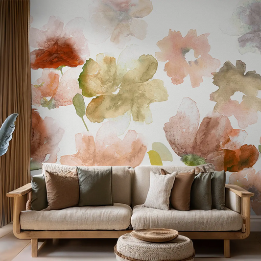 Big Flowers in Water Color Painted Style Wallpaper Customised Rust Color Shop now