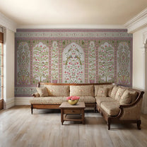 Madhuban Indian Floral Jharoka Wallpaper in Suneherii Collection Pink
