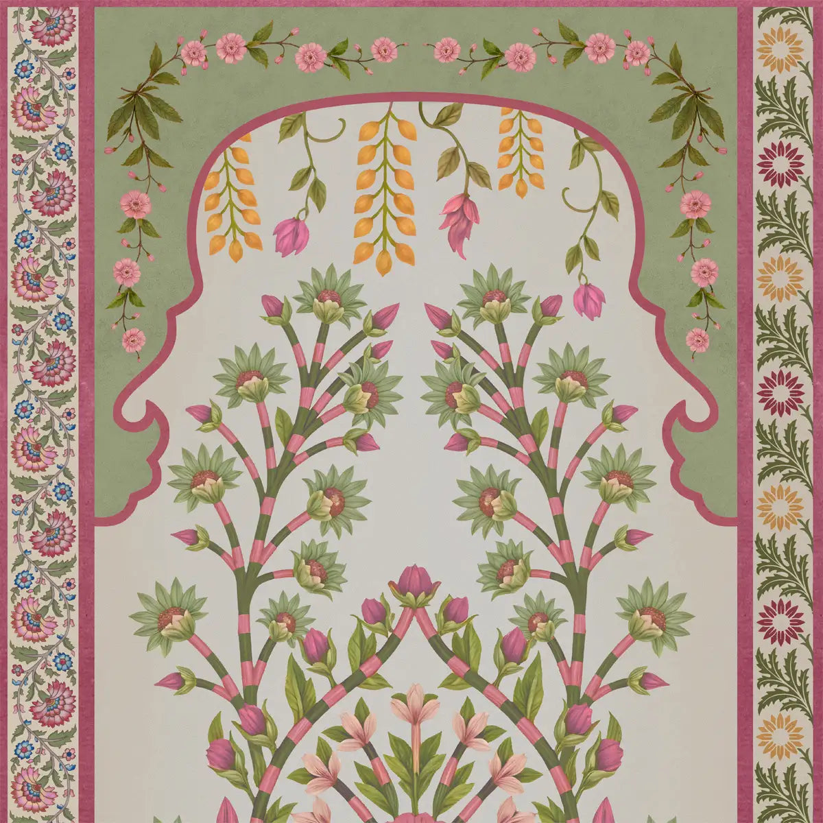 Madhuban Indian Floral Jharoka Wallpaper in Suneherii Collection Pink