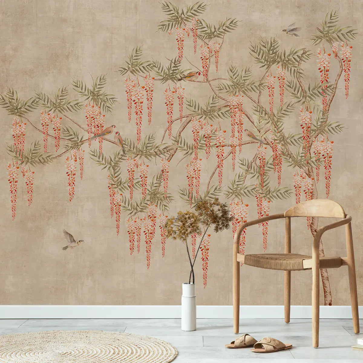 Buy Wisteria Dreamscape Artistic Wallpaper Beige, tree, flowers, birds 