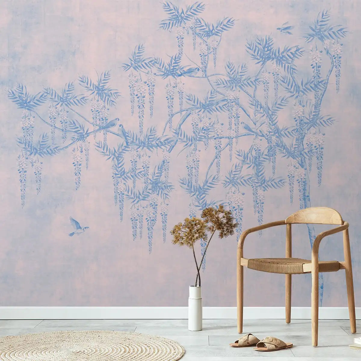 Wisteria Dreamscape Artistic Wallpaper Blue & Pink Birds, Tree, flowers 