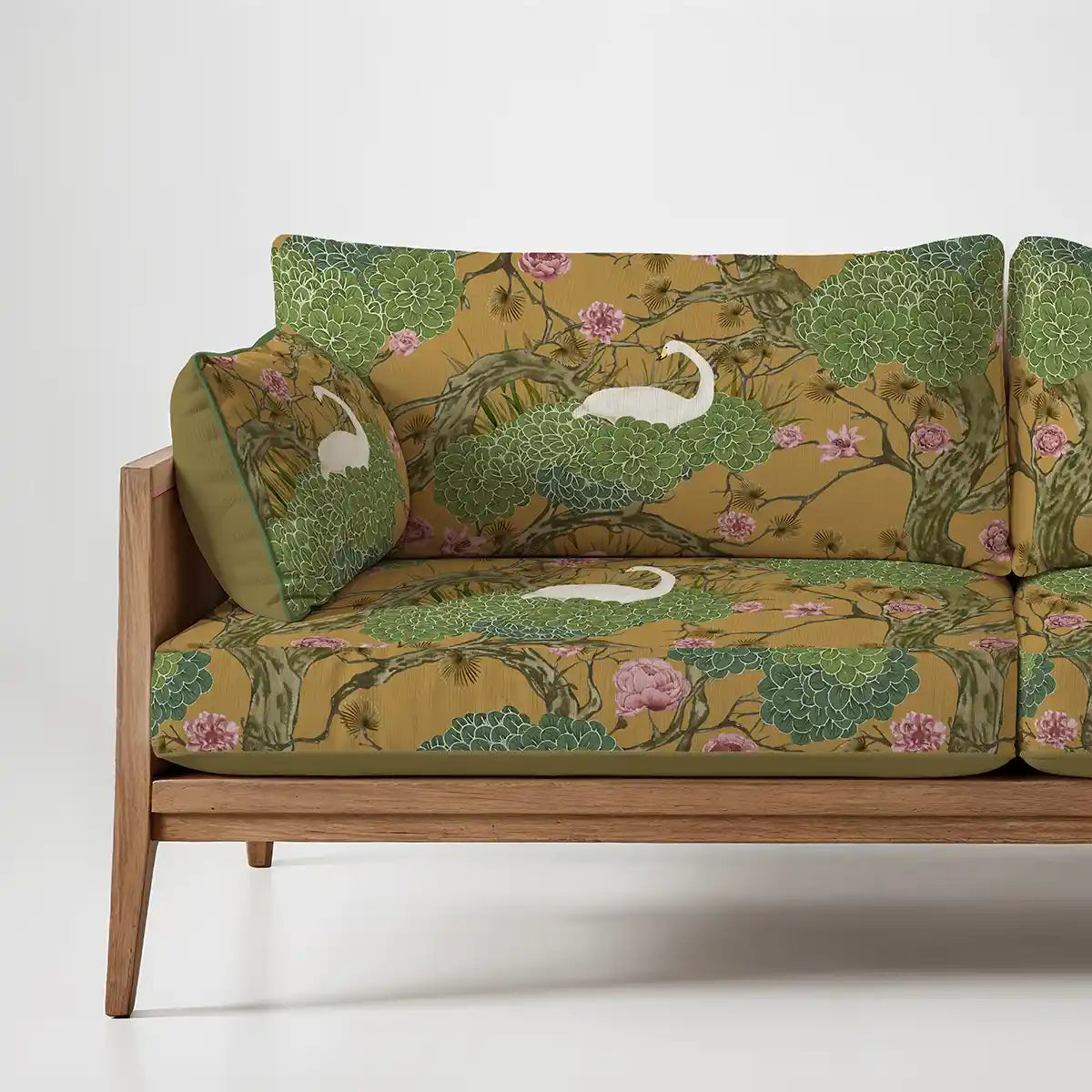 Yellow upholstery fabric for sofas and chairs with a swan and peony Chinoiserie pattern