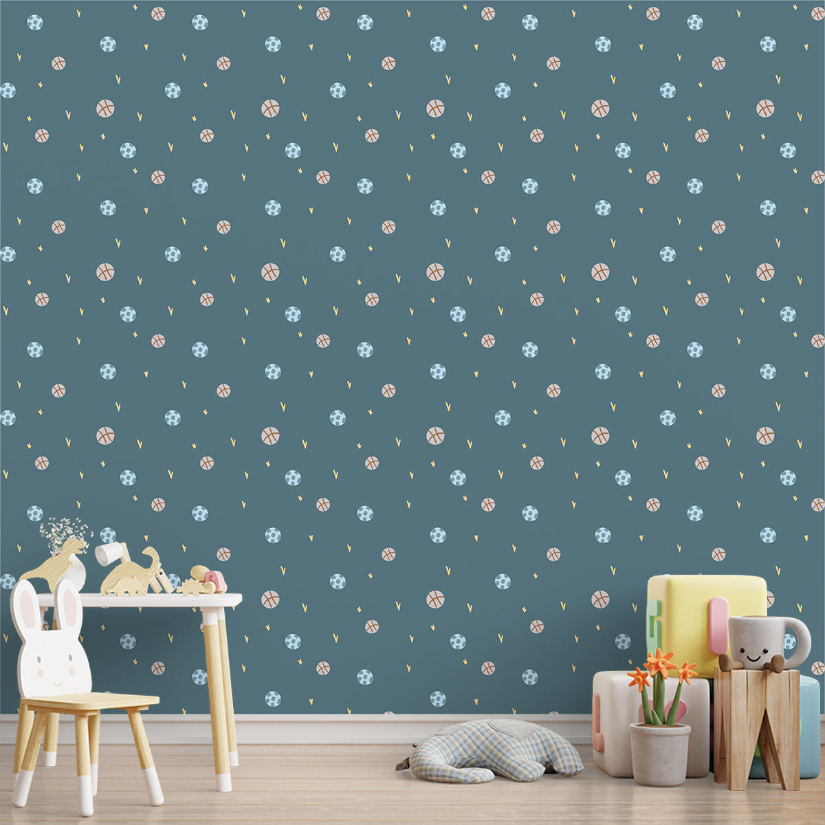 Football Miniscape, Cute Wallpaper Design for Kids Room, Blue