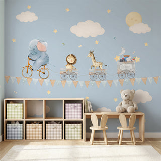 Animals On Ride: Wallpaper for Kids Room, Blue