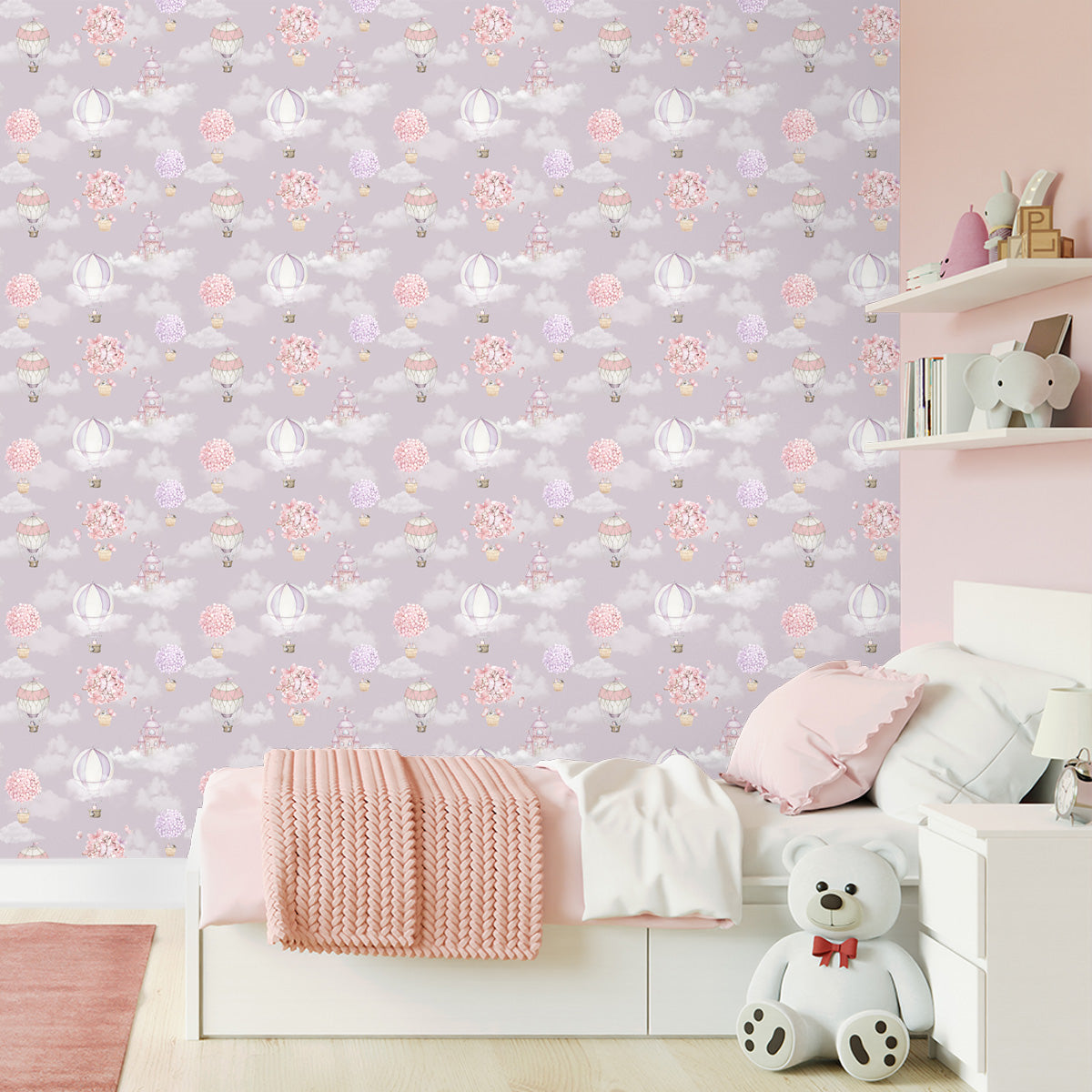 Balloons of Blooms, Adorable Hot Air Balloon Wallpaper for Girls Room, Lilac