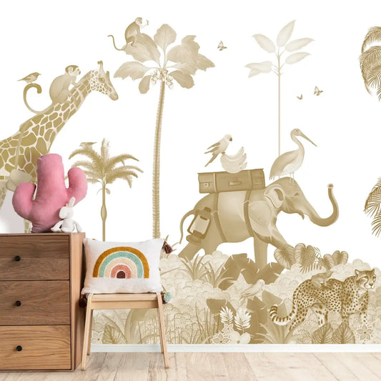 Cute Animal Safari Wallpaper for Kids sepia