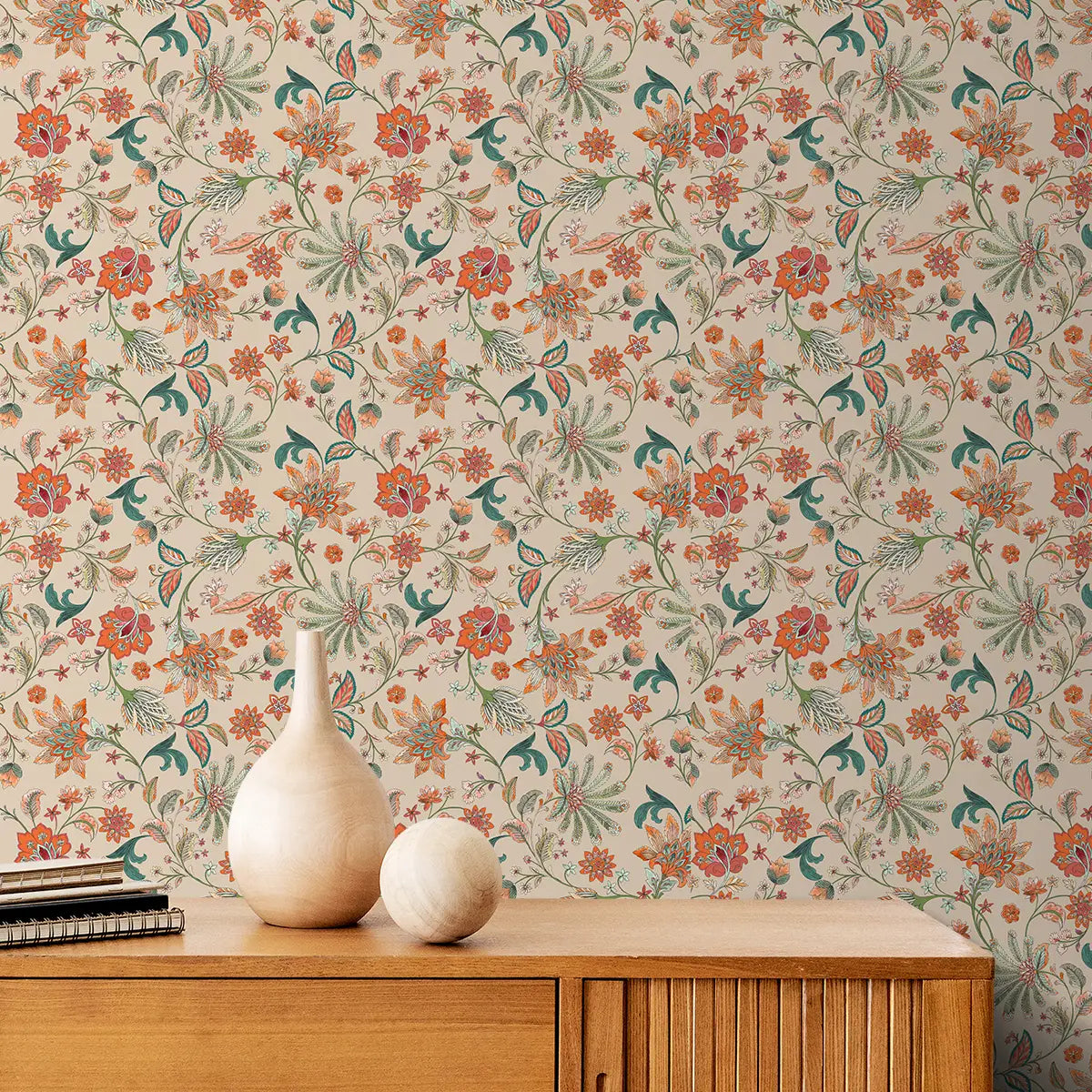 Vibrant Floral Wallpaper, Repeat Patten Beige