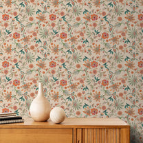 Vibrant Floral Wallpaper, Repeat Patten Beige